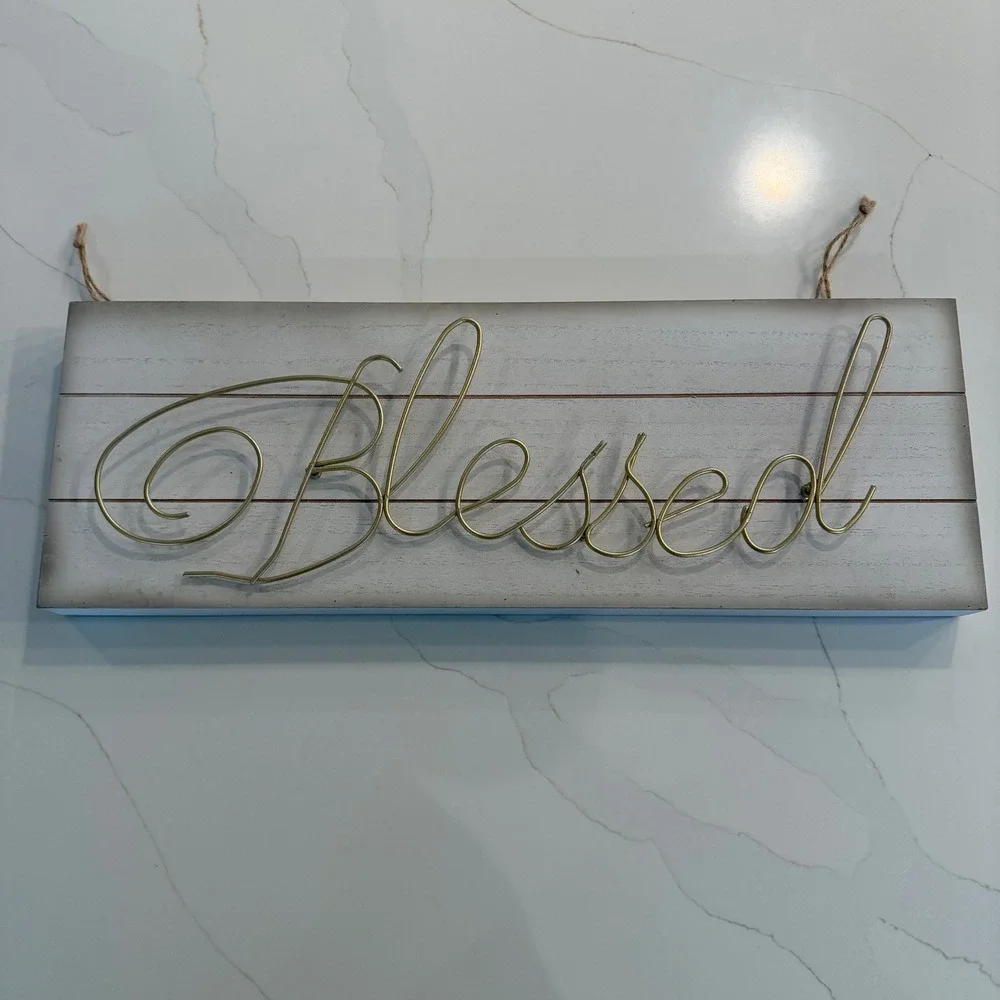 Blessed‎ Wood Wall Sign Gold Wire Script Distressed White Farmhouse Decor 20x7.5